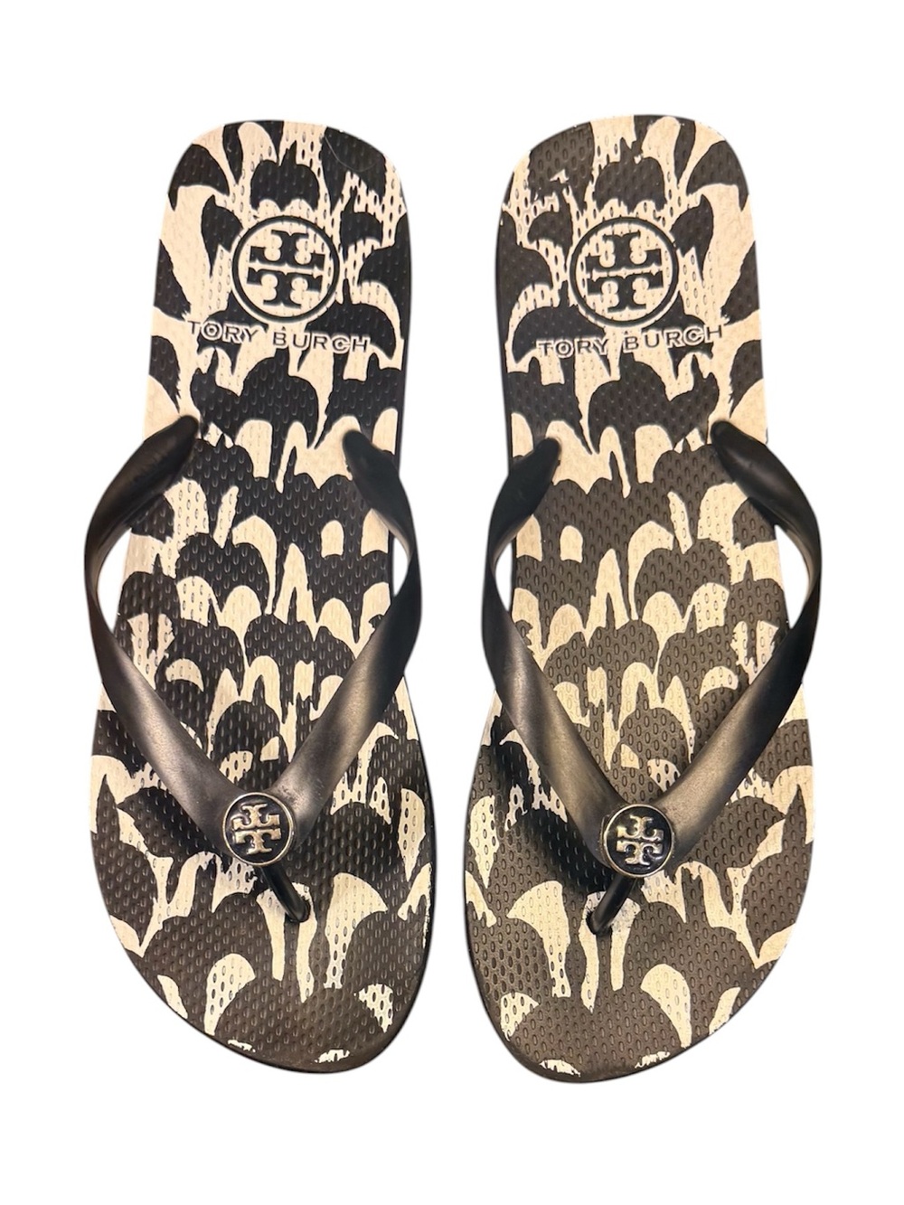 Tory Burch Black and Cream Logo Thong Flip Flop Sandals Size 11